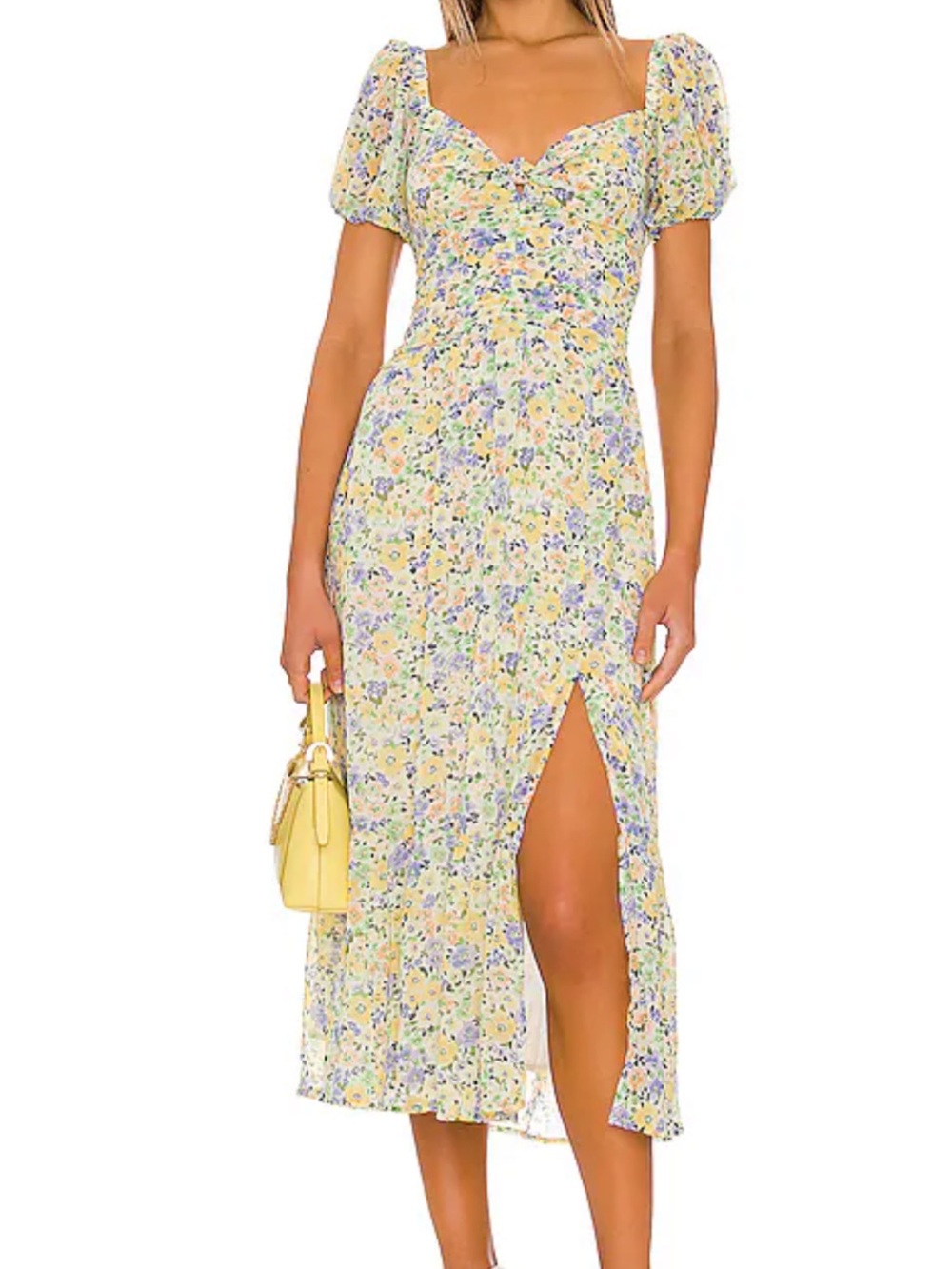 Astr Yellow Floral Midi Dress with Puff Sleeves and Side Slit size XS